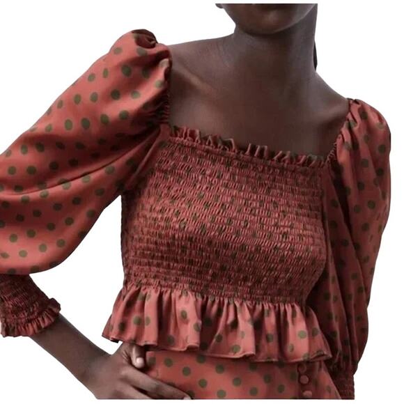 Zara Satin Glam Smocked Polka Dot Puff Sleeve Blouse -‎ S EUC - Picture 7 of 16